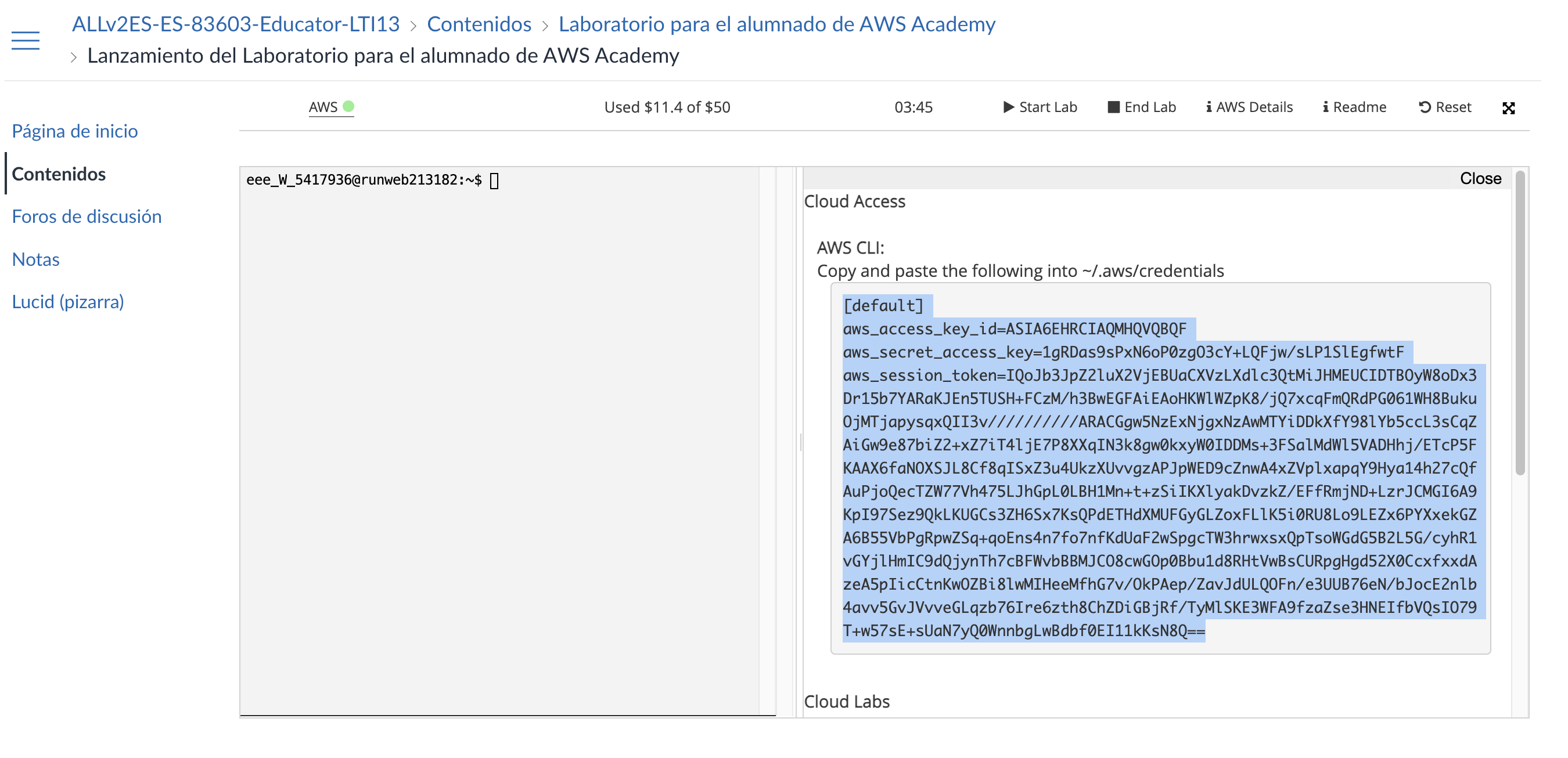 Captura pantalla credenciales AWS Academy