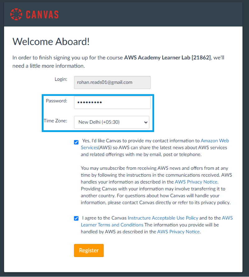 Formulario Welcome Aboard de registro en Canvas para el curso Academy