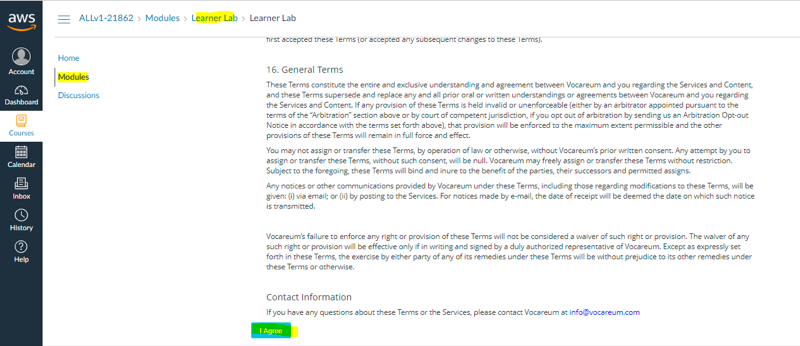 Barra del Learner Lab con Start Lab resaltado y estado AWS en rojo