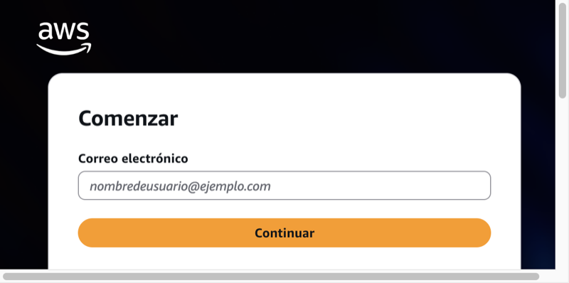 Pantalla Comenzar de AWS Builder ID con campo de correo electrónico