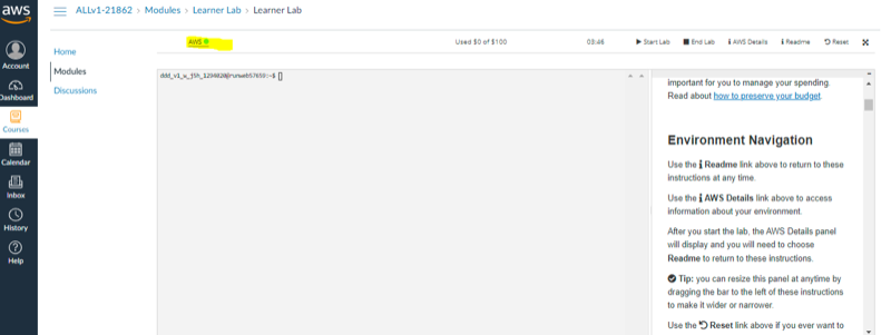 Barra del Learner Lab con indicador AWS en verde y presupuesto