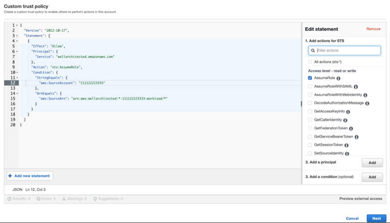 Editor de trust policy JSON al crear un rol IAM