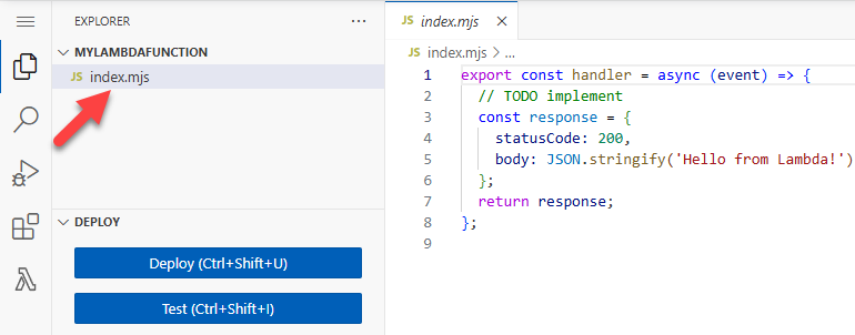 Editor de código de AWS Lambda con handler Node.js