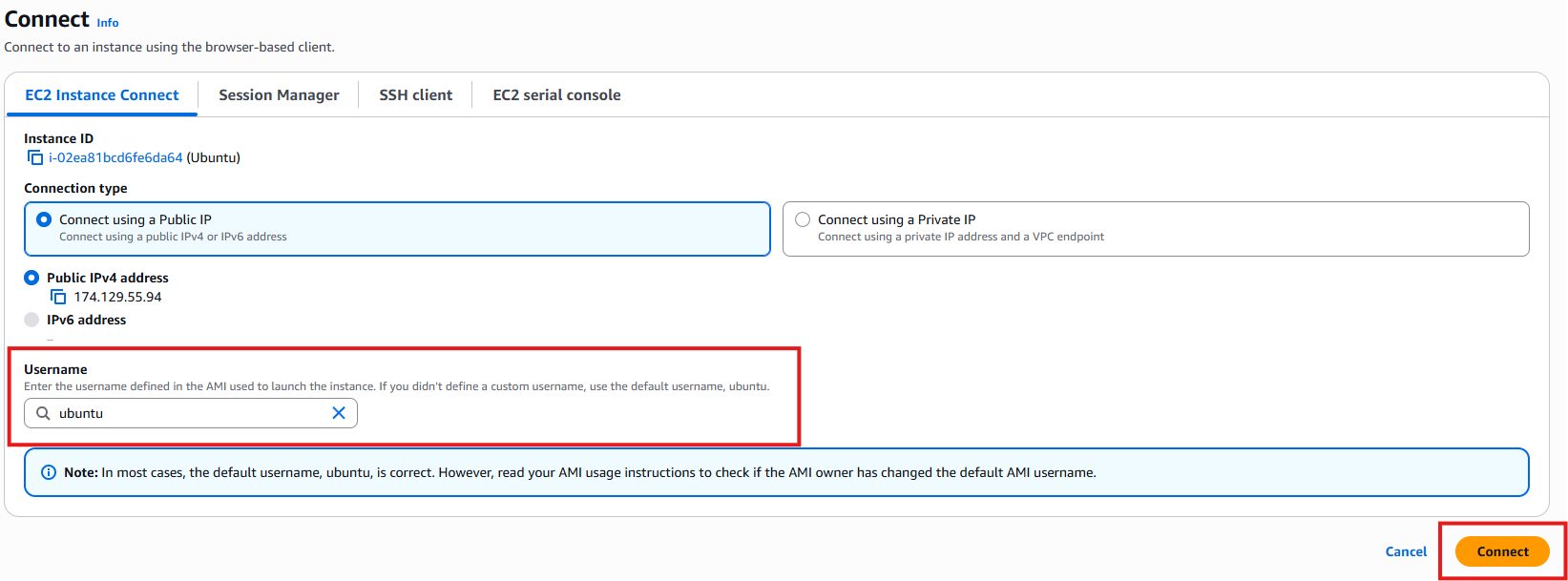 EC2 Instance Connect: usuario de la AMI y botón Connect