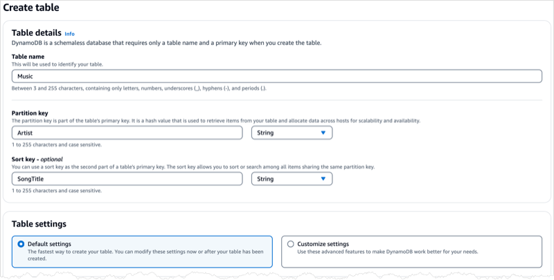 Pantalla Create table de Amazon DynamoDB con partition key y sort key