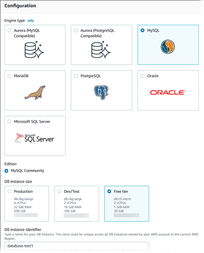 Asistente Create database de Amazon RDS con MySQL y Free tier