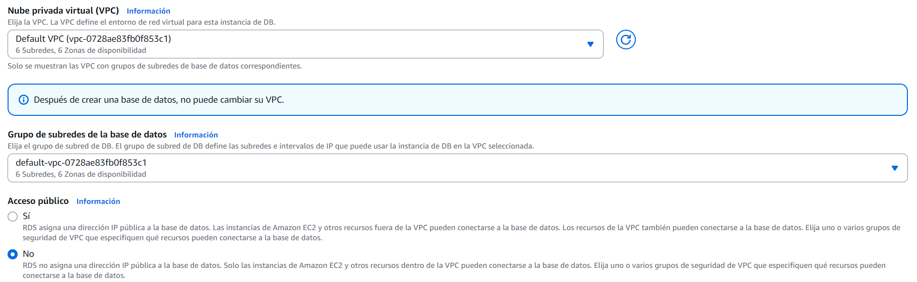 RDS: VPC, subnet group y acceso público = No
