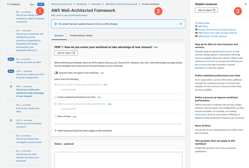 AWS Well-Architected Tool con pregunta PERF y recursos de ayuda