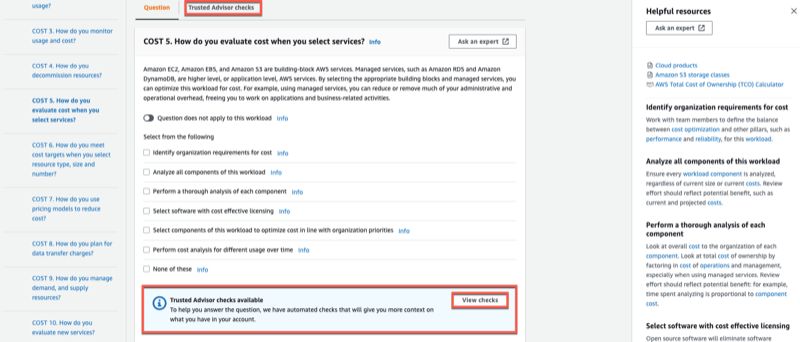 Pregunta COST 5 con pestaña Trusted Advisor checks