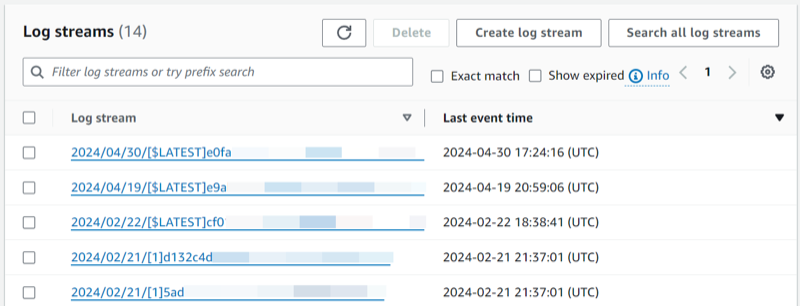 Log stream de CloudWatch asociado a una función Lambda