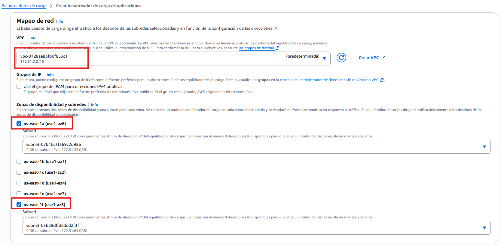 Crear ALB: VPC y dos zonas de disponibilidad