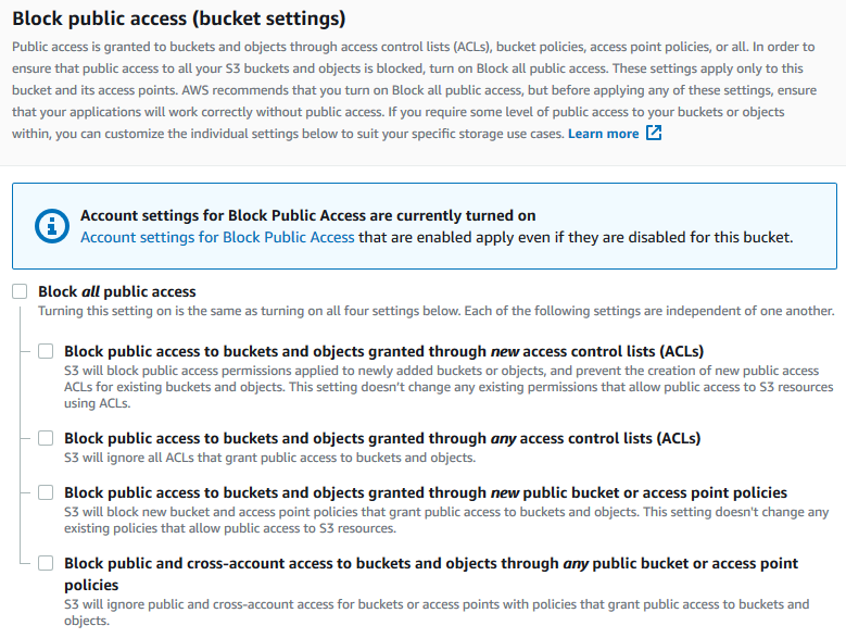 Block public access (bucket settings) con los cuatro toggles