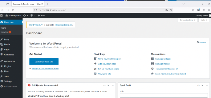 Panel de administración de WordPress con configuración completa