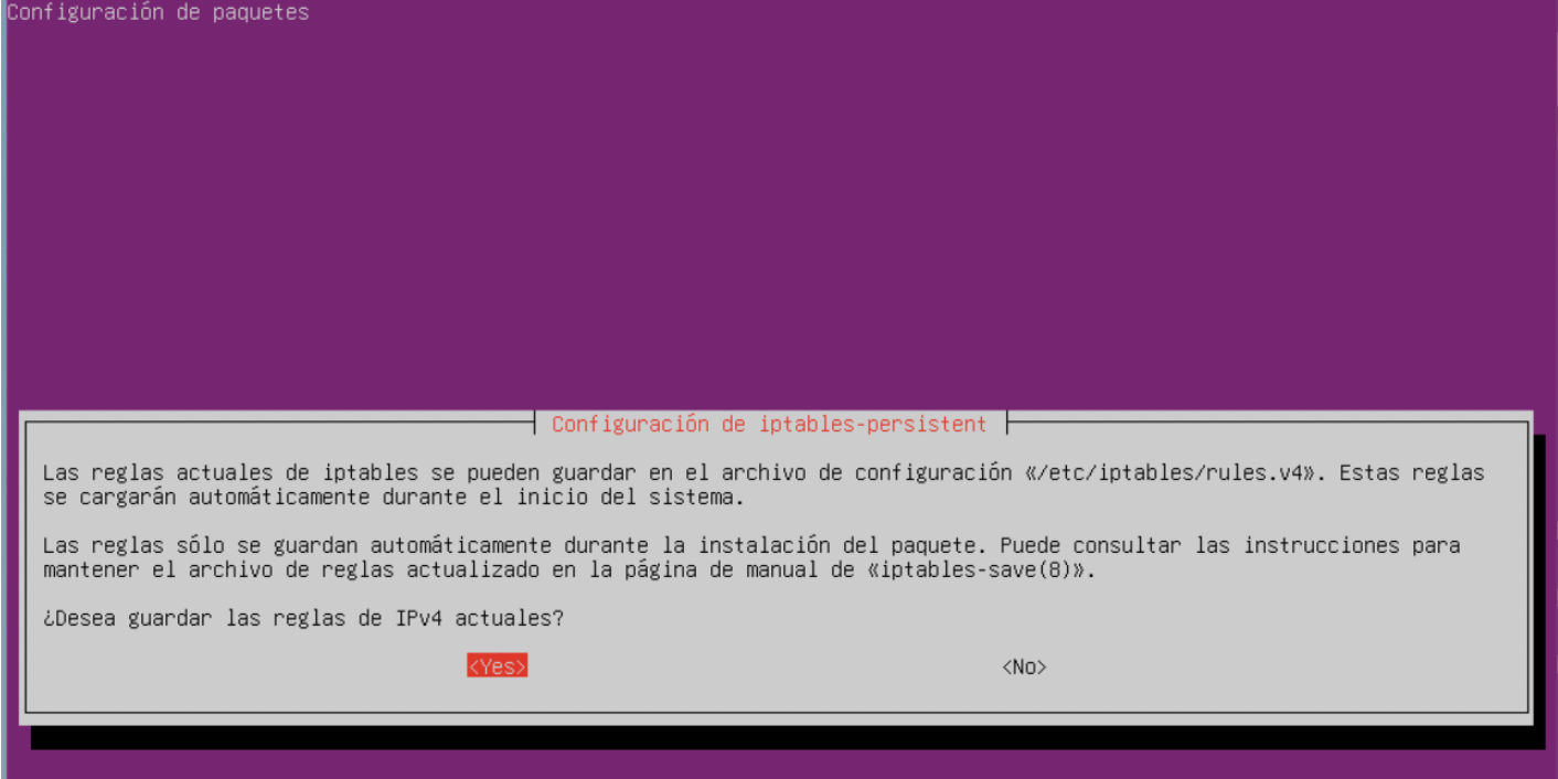 Pantalla de guardado de reglas iptables