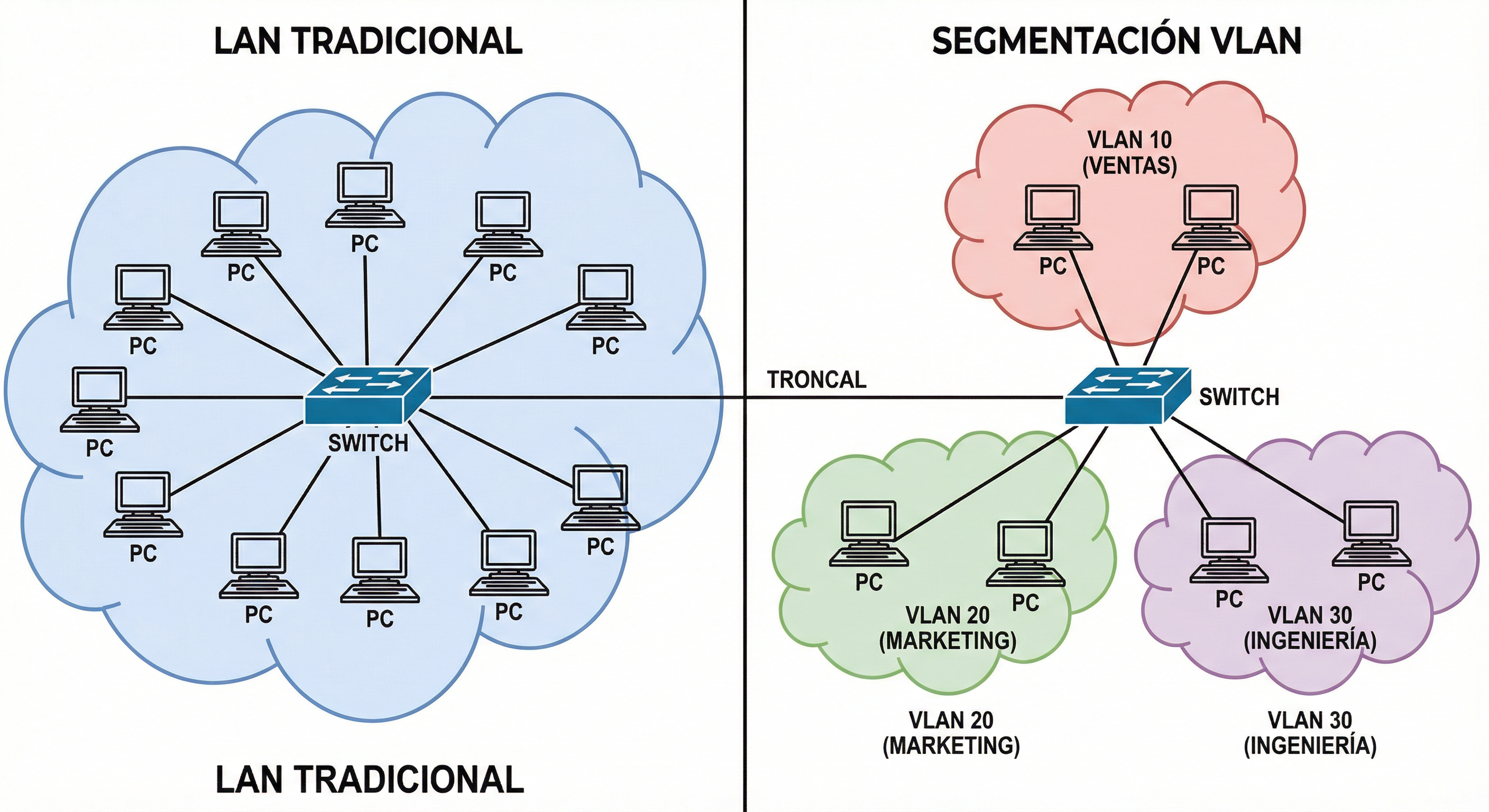 Segmentación LAN tradicional vs segmentación VLAN
