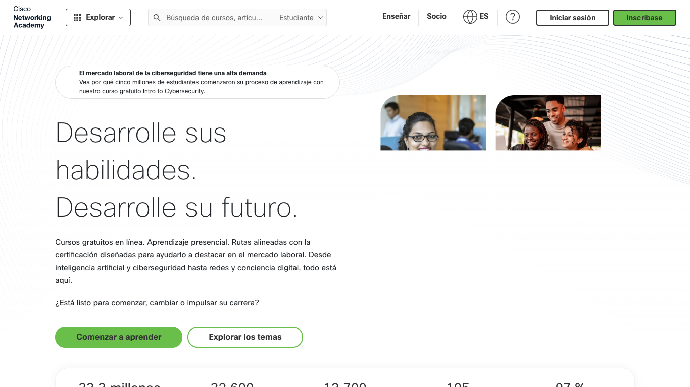Portada de Cisco Networking Academy en español, con botones Inscríbase e Iniciar sesión