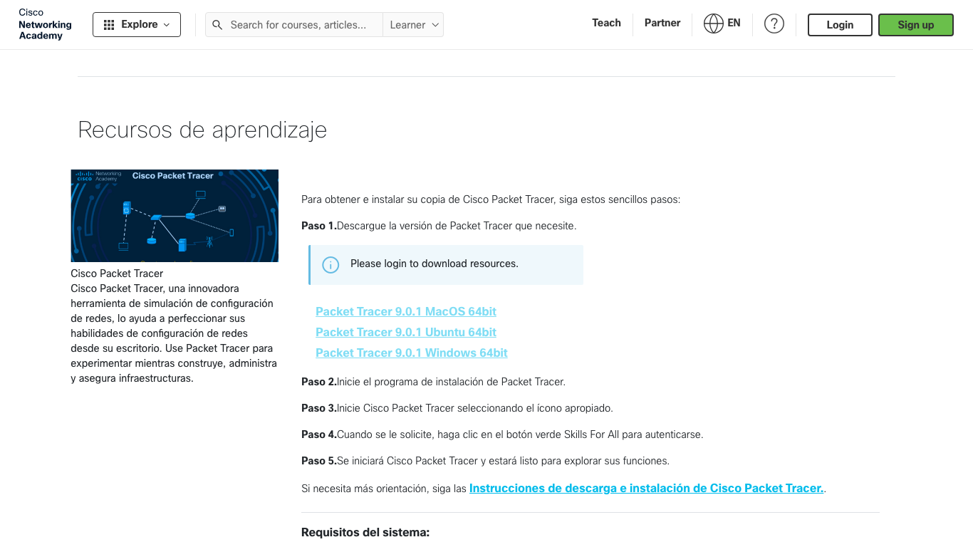 Centro de recursos de Packet Tracer con aviso de iniciar sesión y enlaces de descarga
