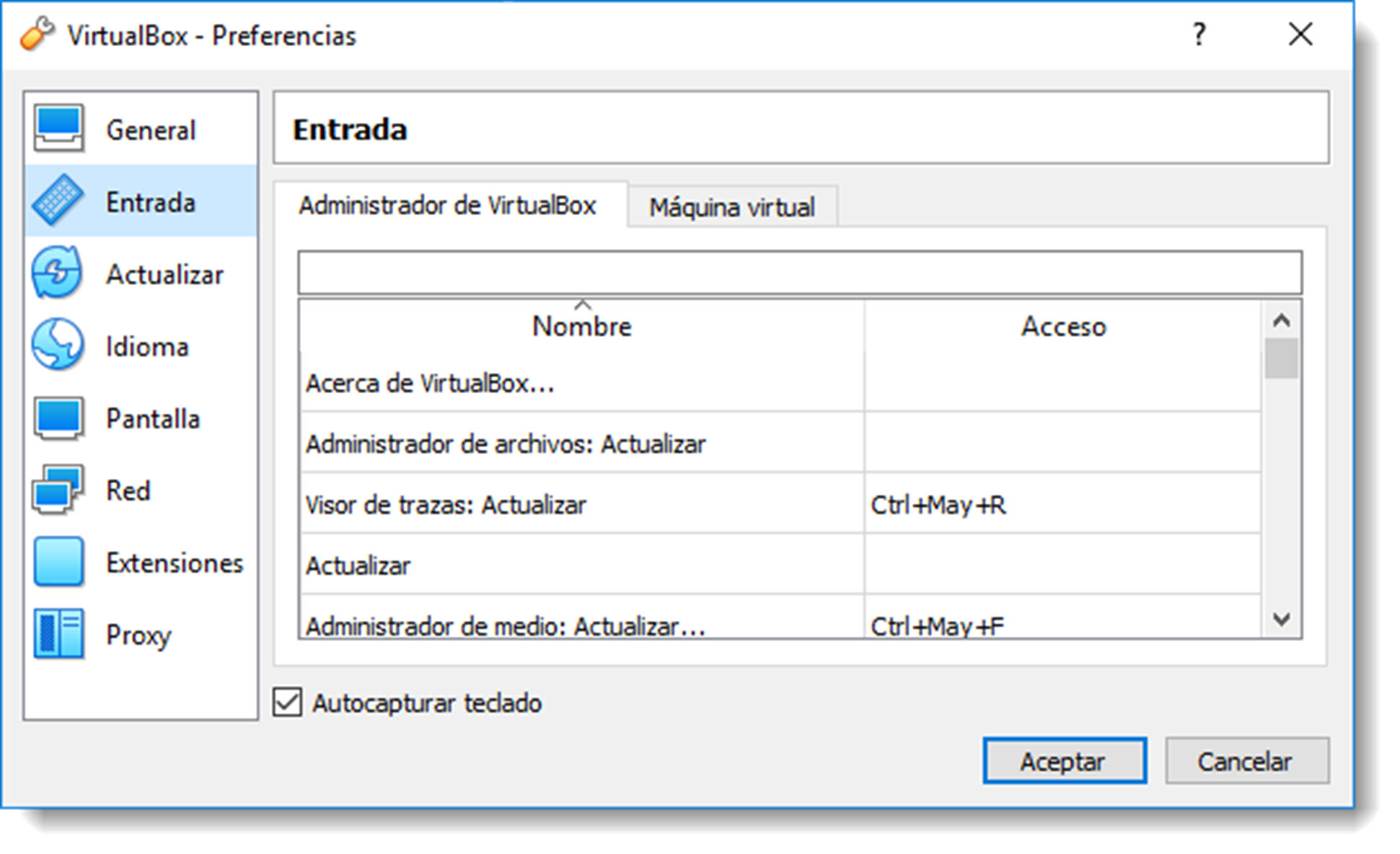 Menú de configuración de atajos de teclado.